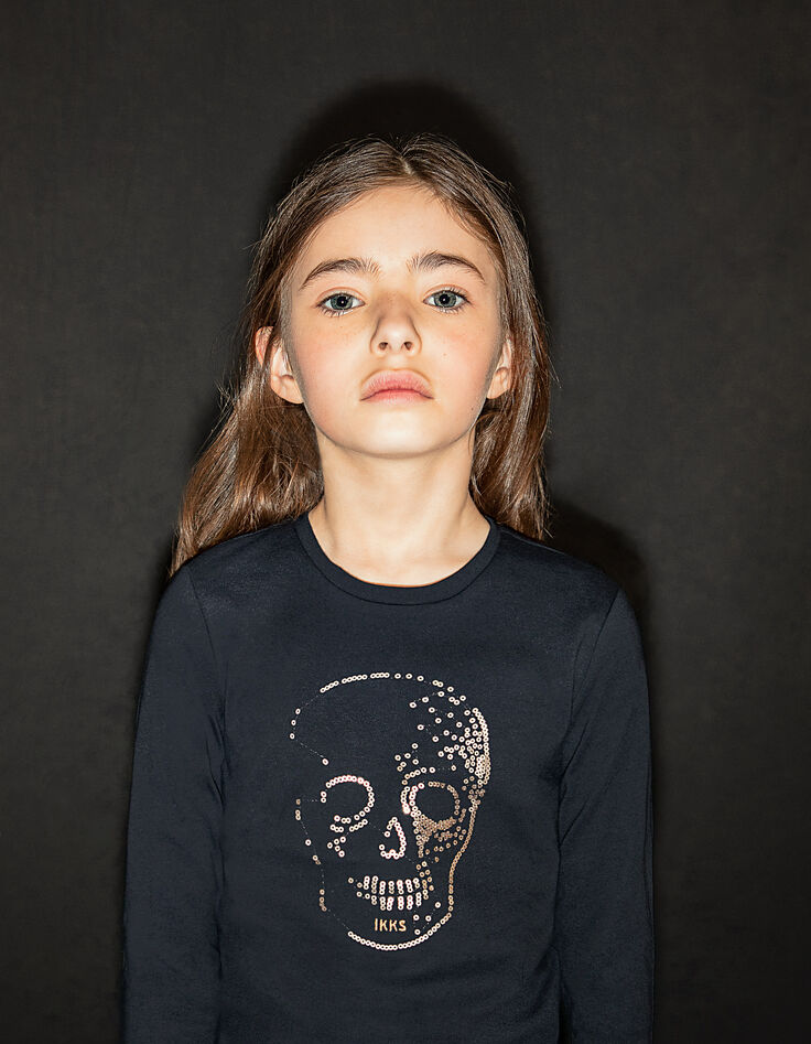 Tee-shirt navy fonc&eacute; t&ecirc;te de mort sequins or fille-5