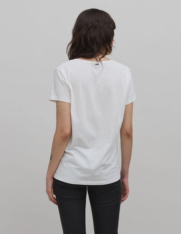 Tee-shirt blanc cass&eacute; t&ecirc;te de mort et broderie Femme-3
