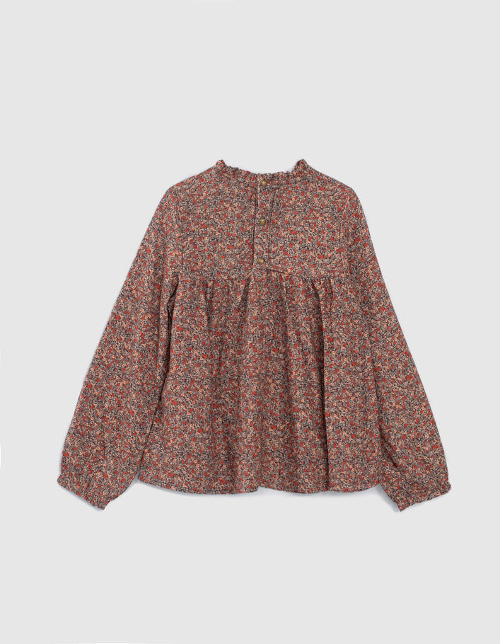 Marineblaue Mädchenbluse mit dezentem Blumenprint-4