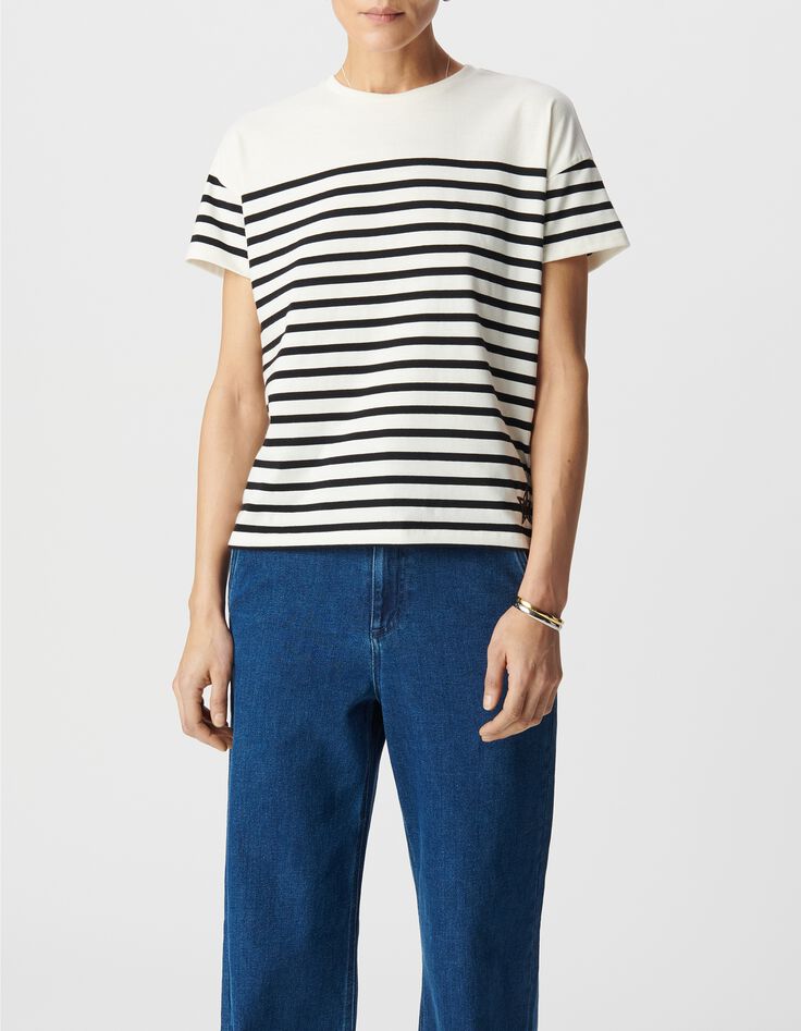 Camiseta marinera de mujer de algod&oacute;n con cuello redondo y bordado-2
