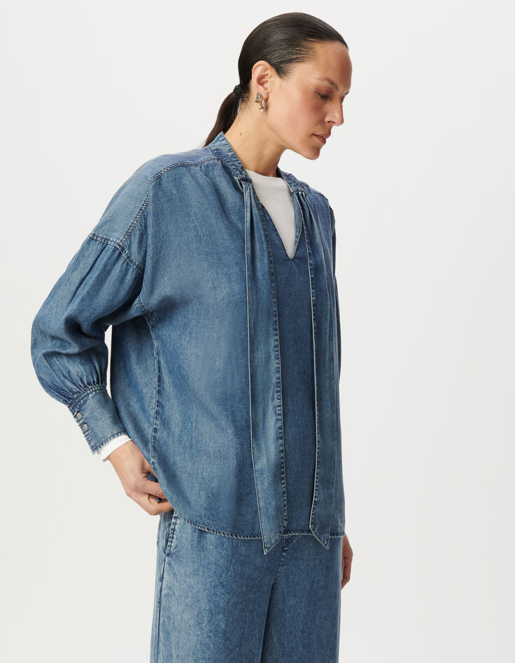 Blouse à lavallière bleue en Lyocell® fluide Femme-3