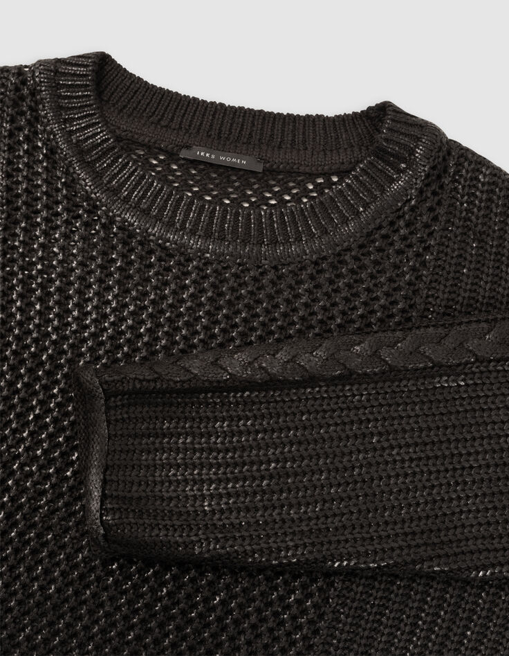 Women's black openwork knit sweater-8