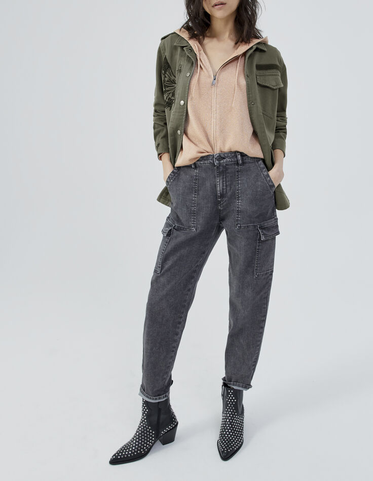 Damen-Safarijacke, Khaki, schwarzes Schmetterlingsmotiv-1