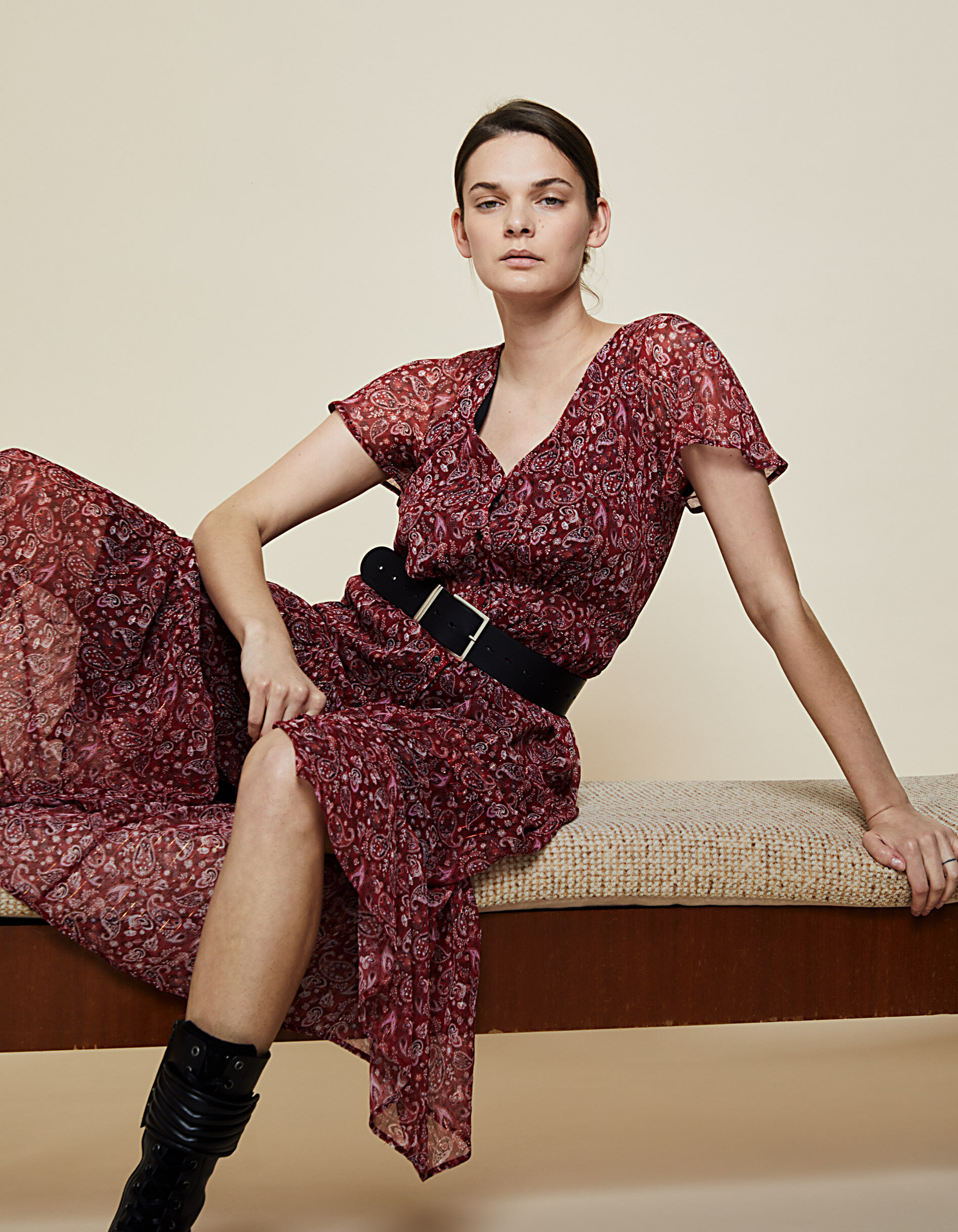 Metallic paisley print voile long dress IKKS