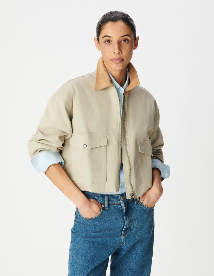 Women's oversized beige jacket with velour details-4