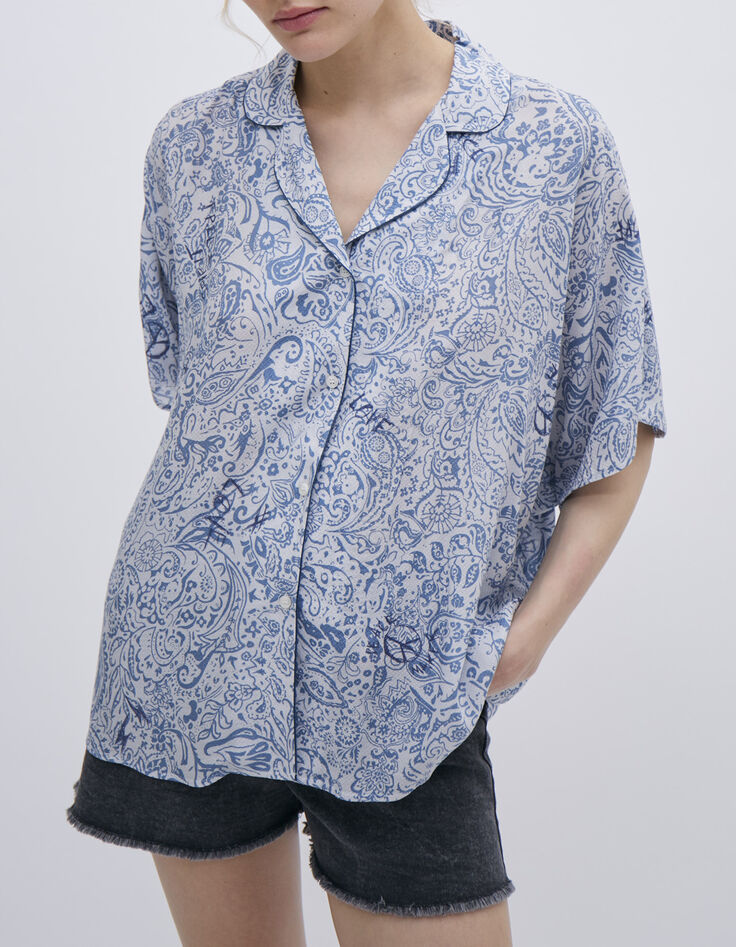 Women’s blue decorative print voile shirt-1 Women’s blue decorative print voile shirt-1
