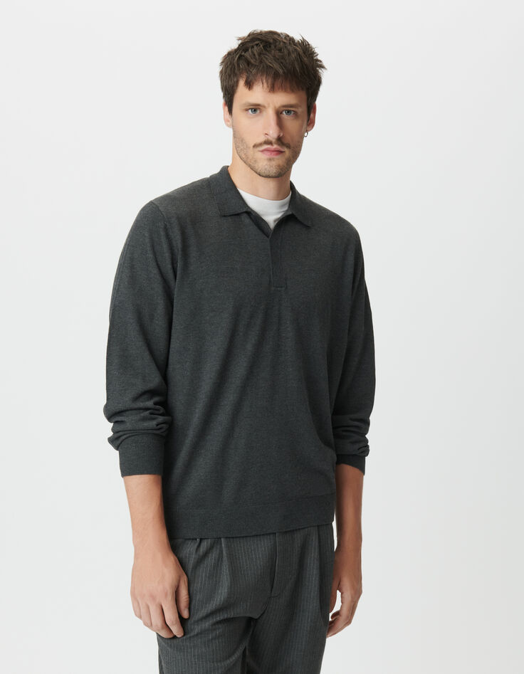 Graues Langarm-Poloshirt f&uuml;r Herren aus Strick-3