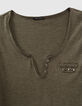 Women’s khaki button-neck T-shirt with chest pocket detail-2