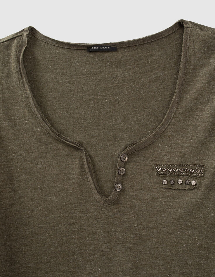 Women’s khaki button-neck T-shirt with chest pocket detail-2