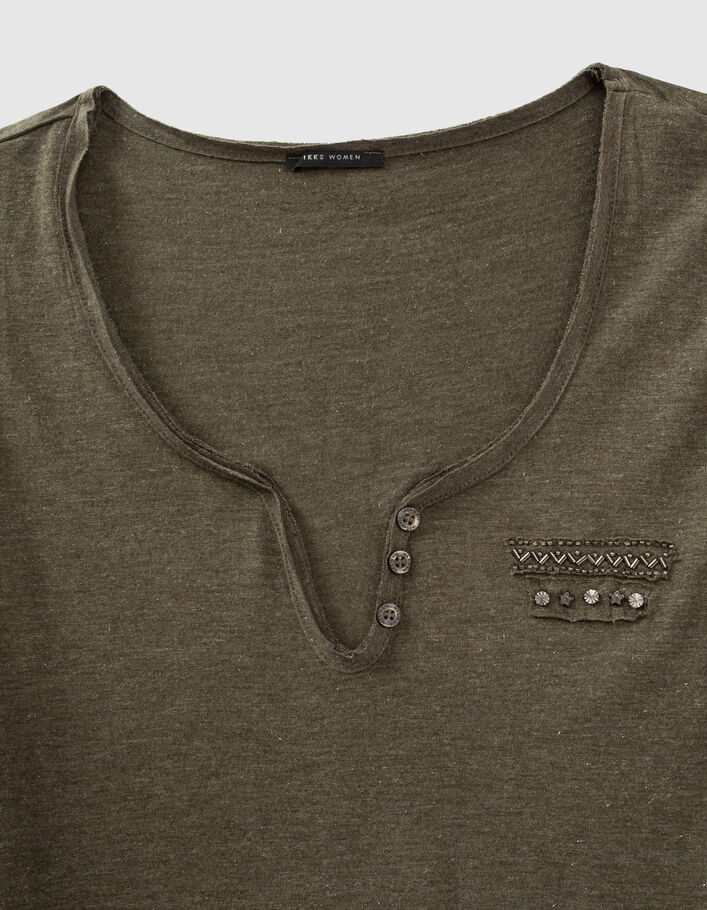 Women’s khaki button-neck T-shirt with chest pocket detail - IKKS