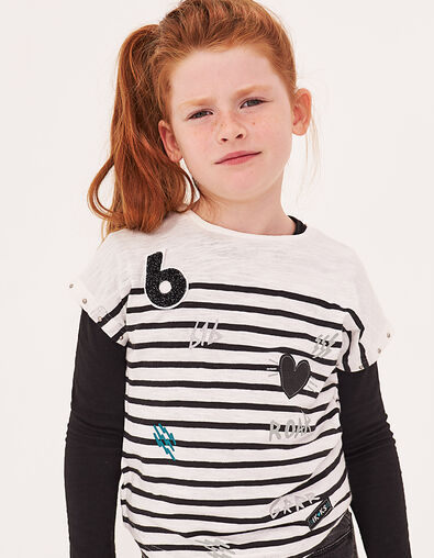 Tee-shirt 2 en 1 marinière et tee-shirt noir à cœur fille - IKKS