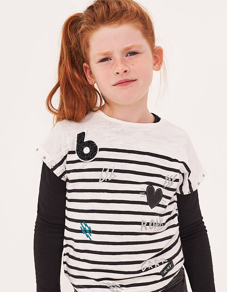 Tee-shirt 2 en 1 marinière et tee-shirt noir à cœur fille-1