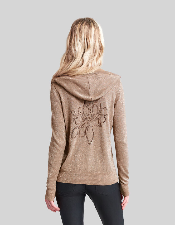 Damen-Strickcardigan in Camel Lurex Blumen-Ajours hinten-2