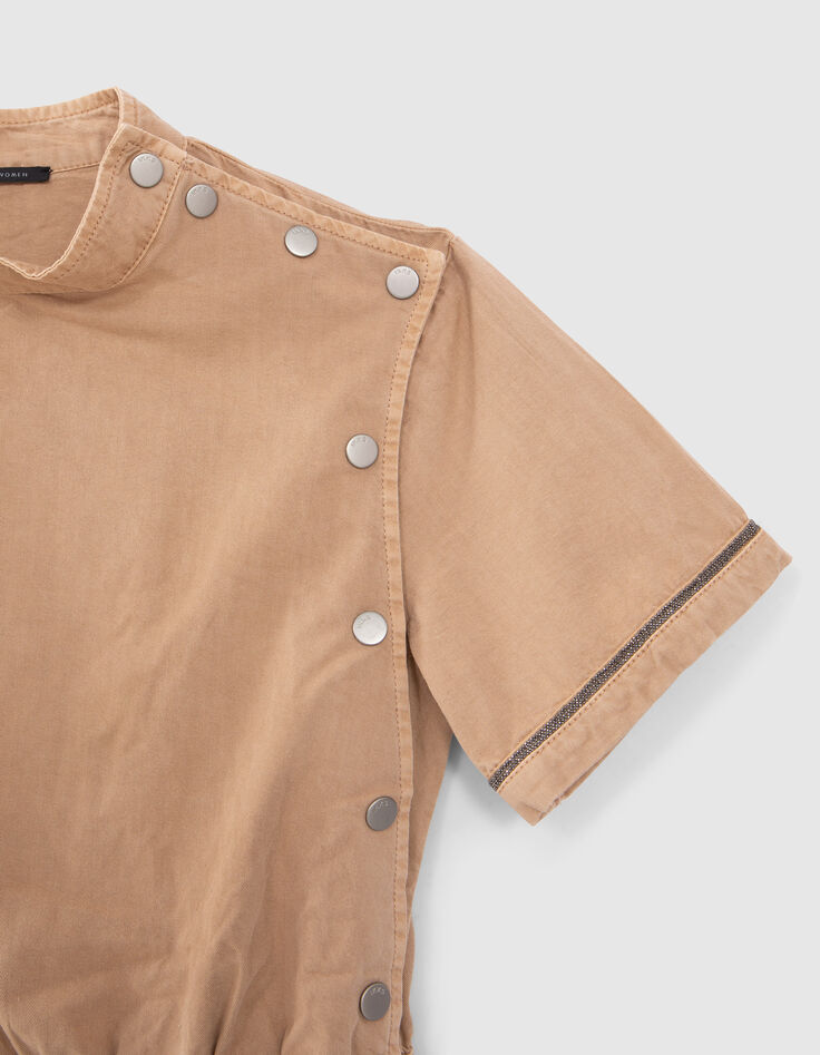 Women’s camel denim dress, pretty braid, side press studs-5