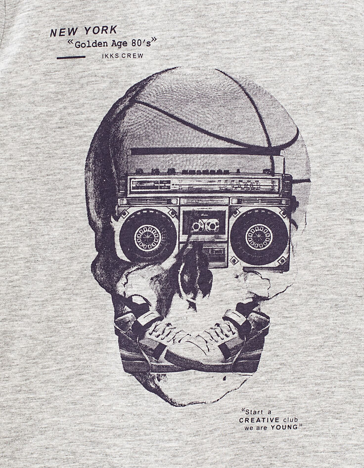 Boys’ grey organic T-shirt with skull, radio and trainers-2