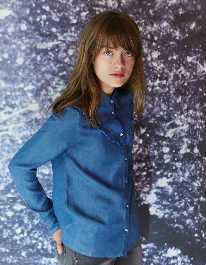 Chemise en jean bleu à volants fille - IKKS