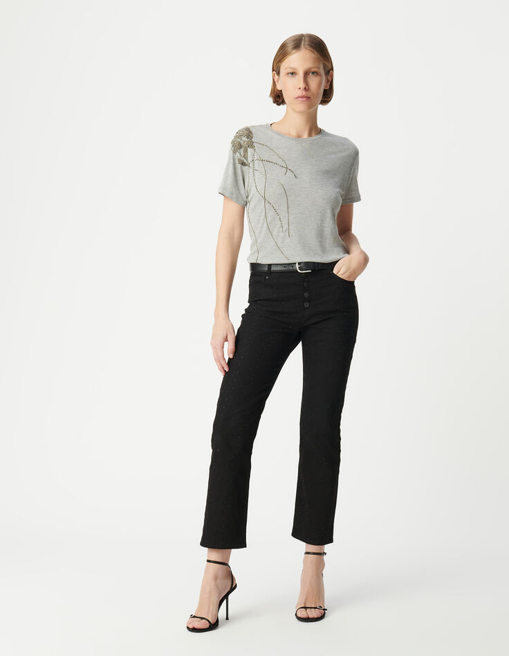 Tee-shirt gris décor perles métallisées épaule Femme-1