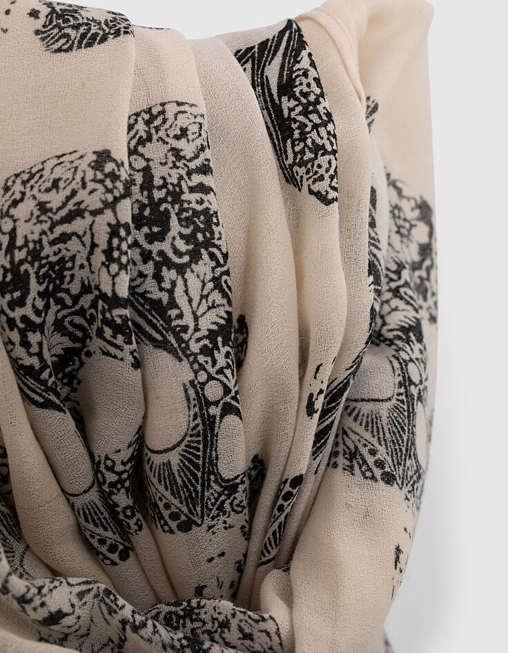 Chèche fin écru motifs têtes de mort femme-3 Chèche fin écru motifs têtes de mort femme-3