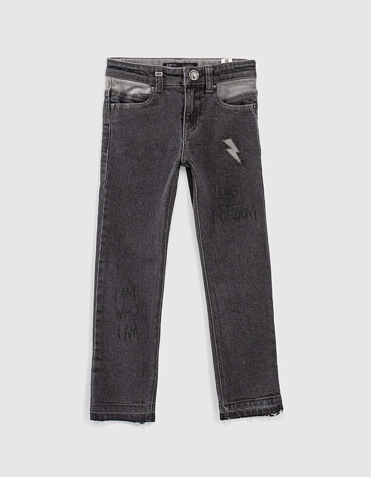 Jungen-Slim-Jeans mit Typoprint, Bio, in Black-Used-Optik -1 Jungen-Slim-Jeans mit Typoprint, Bio, in Black-Used-Optik -1