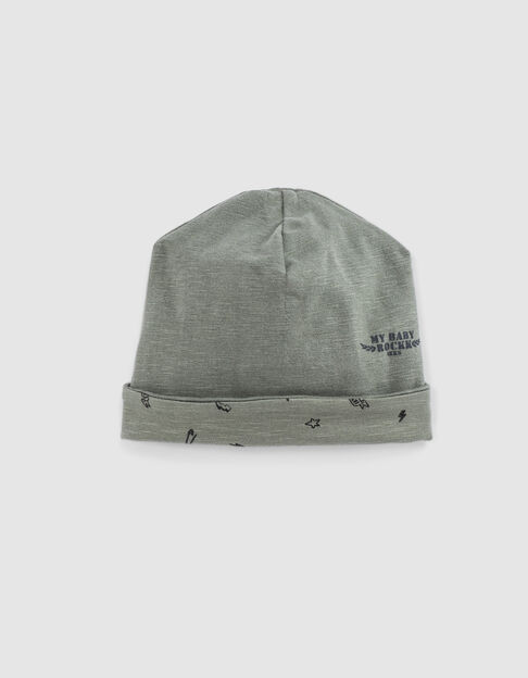 Bonnet réversible kaki et imprimé rock coton bio bébé