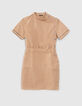 Women’s camel denim dress, pretty braid, side press studs-6
