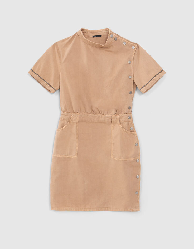 Women’s camel denim dress, pretty braid, side press studs-6