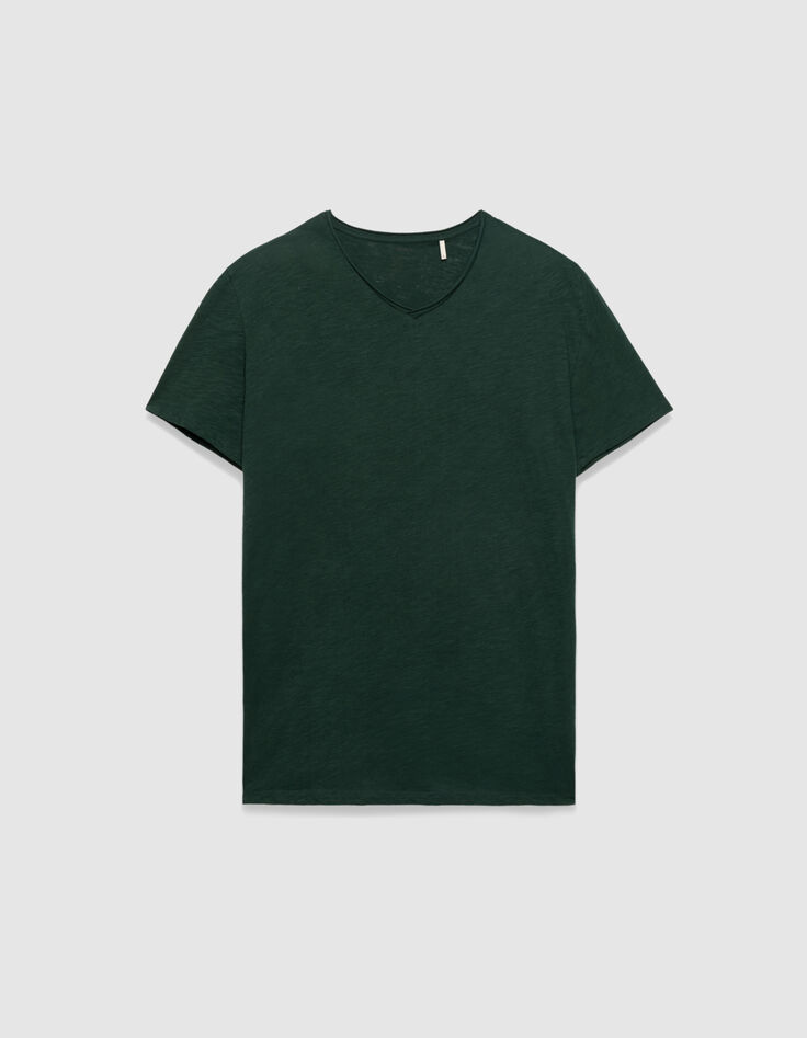 Camiseta cuello V verde algod&oacute;n flameado hombre-4