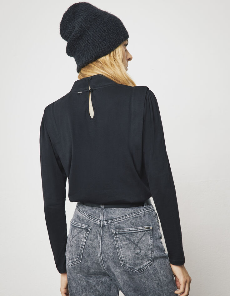Tee-shirt manches longues col montant noir et clous femme-2