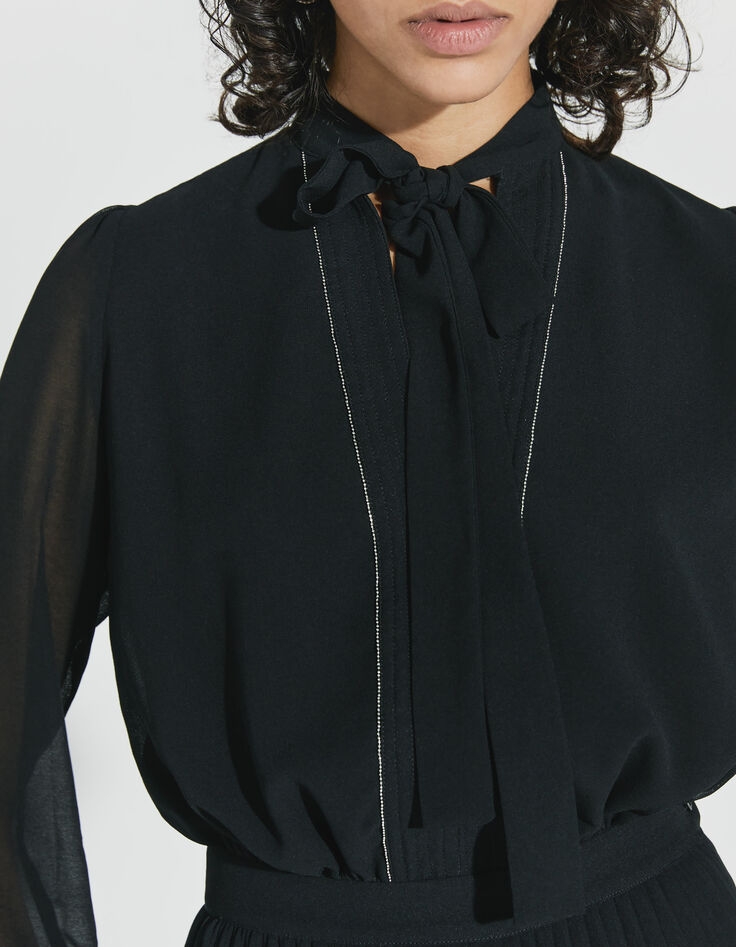 Vestido largo plisado gasa negro mujer-4