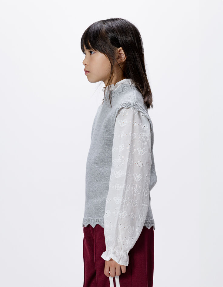 Girls’ grey knit sweater with embroidered poplin sleeves-3