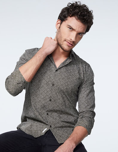 Chemise SLIM dark kaki imprimé minimaliste ethnique Homme - IKKS