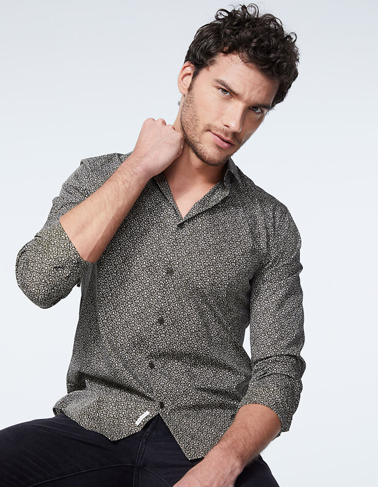 Chemise SLIM dark kaki imprimé minimaliste ethnique Homme-1