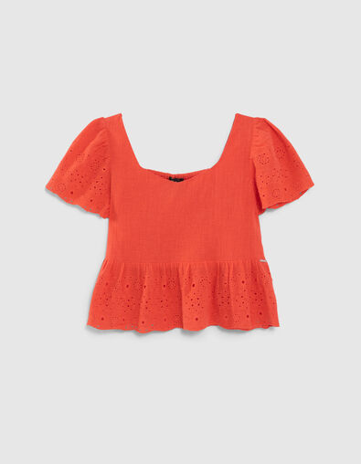 Top rouge col carré broderie anglaise fille - IKKS