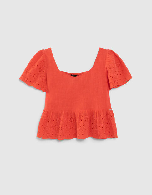 Top rouge col carré broderie anglaise fille - IKKS