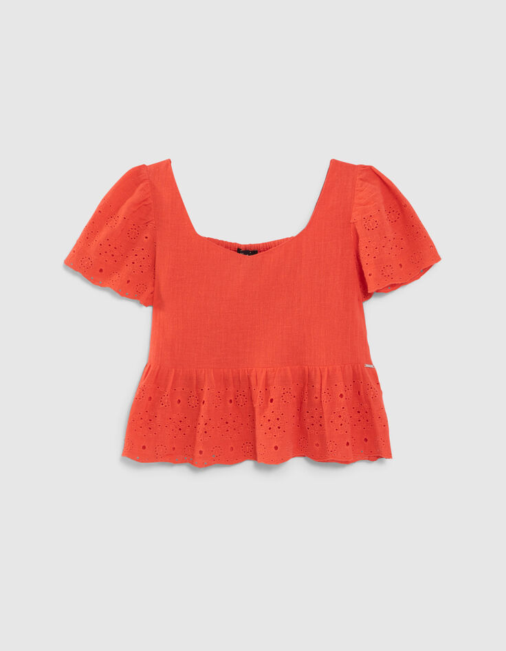 Top rouge col carré broderie anglaise fille-1