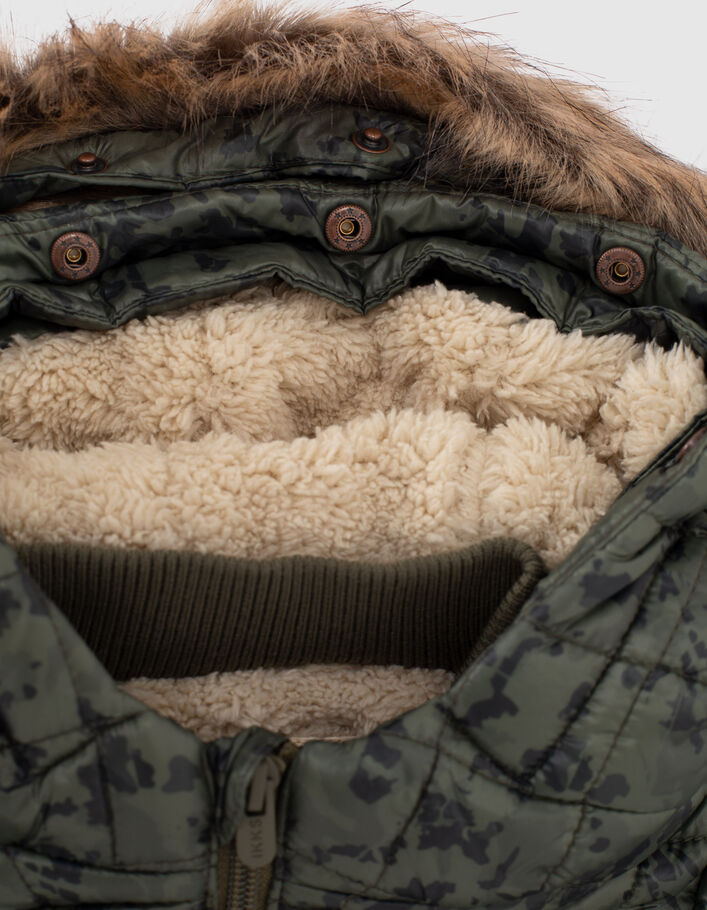 Baby boys’ khaki camouflage print fur-lined padded jacket - IKKS