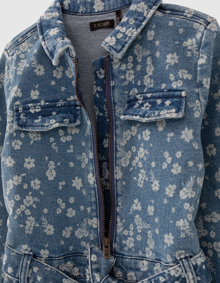 Korte jumpsuit in medium blue denim bloemenprint meisjes - IKKS