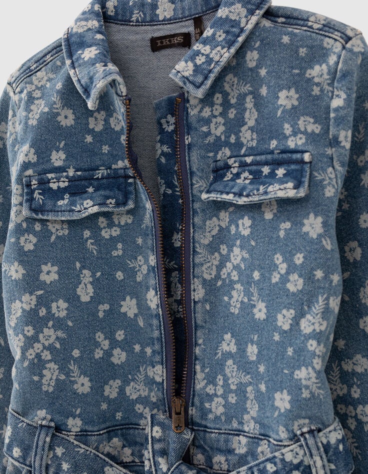 Kurzer Medium Blue M&auml;dchenjeansoverall mit Blumenprint-2