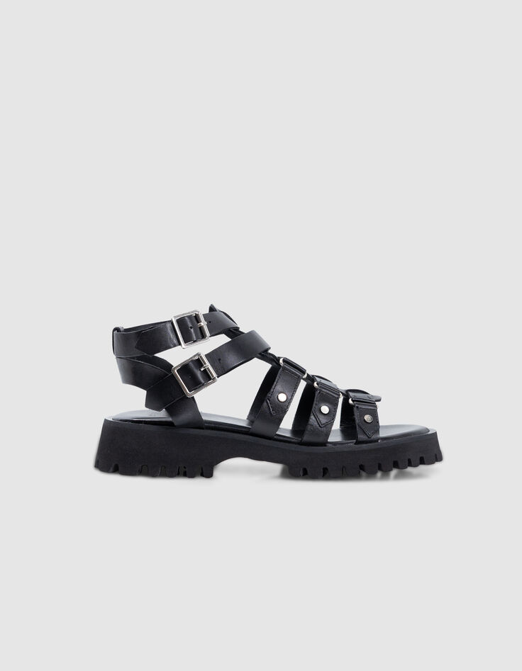 Sandales spartiate noires cuir Femme-1