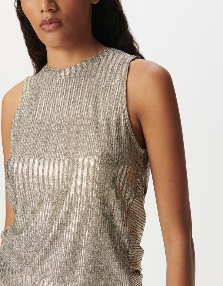 Camiseta de tirantes de mujer con espalda anudada metalizada en dorado-5 Camiseta de tirantes de mujer con espalda anudada metalizada en dorado-5