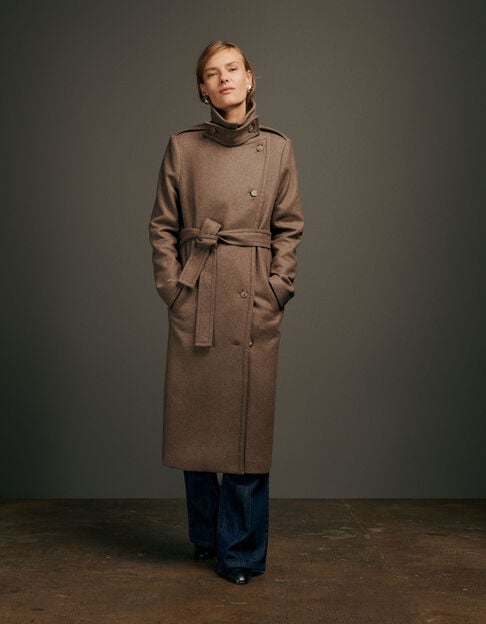 Manteau long beige lainage esprit caban ceintur&eacute; Femme - IKKS