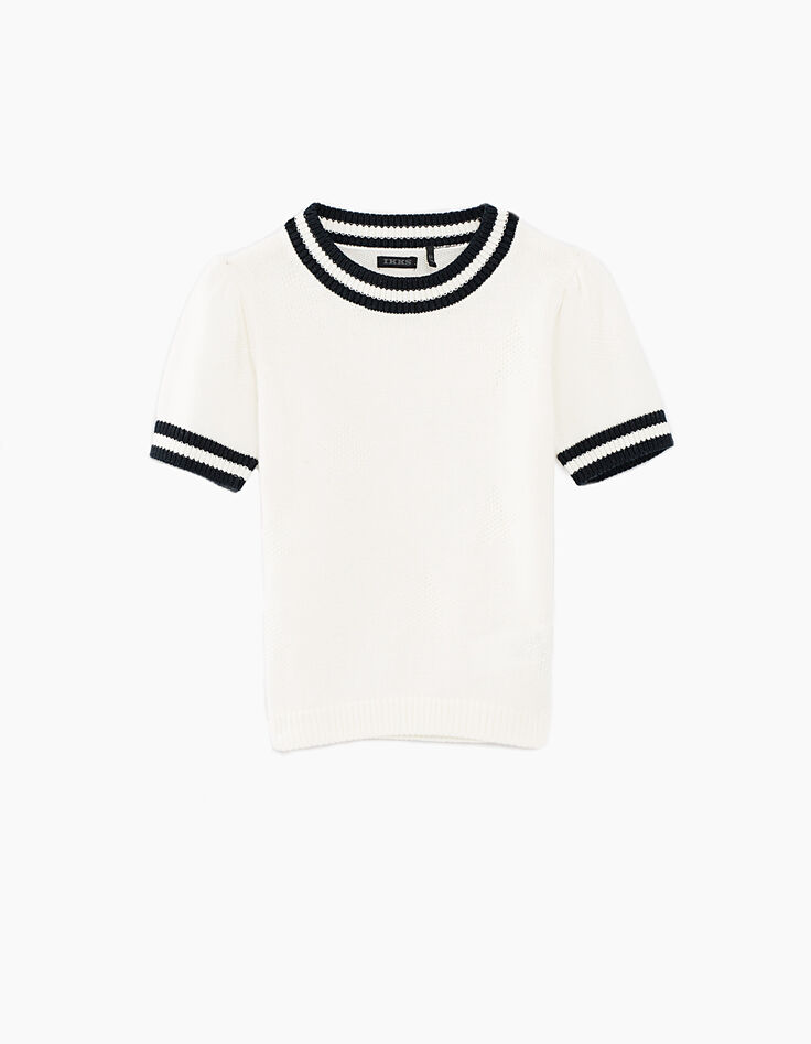 Pull blanc cassé en tricot bords-côtes rayés fille-2 Pull blanc cassé en tricot bords-côtes rayés fille-2