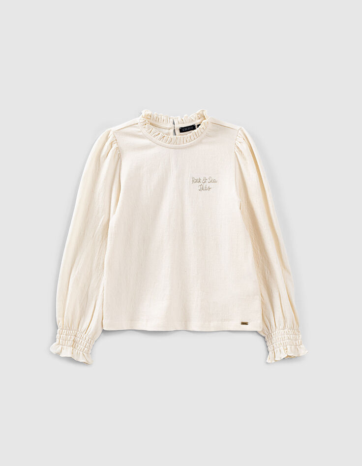 Girls’ ecru waffle T-shirt, pleated collar and cuffs-2