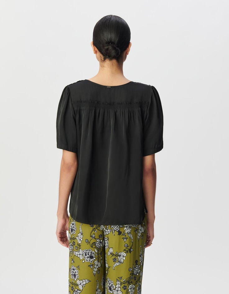 Schwarzes Damensatin-Top mit kurzen Ärmeln, Smocks-3 Schwarzes Damensatin-Top mit kurzen Ärmeln, Smocks-3