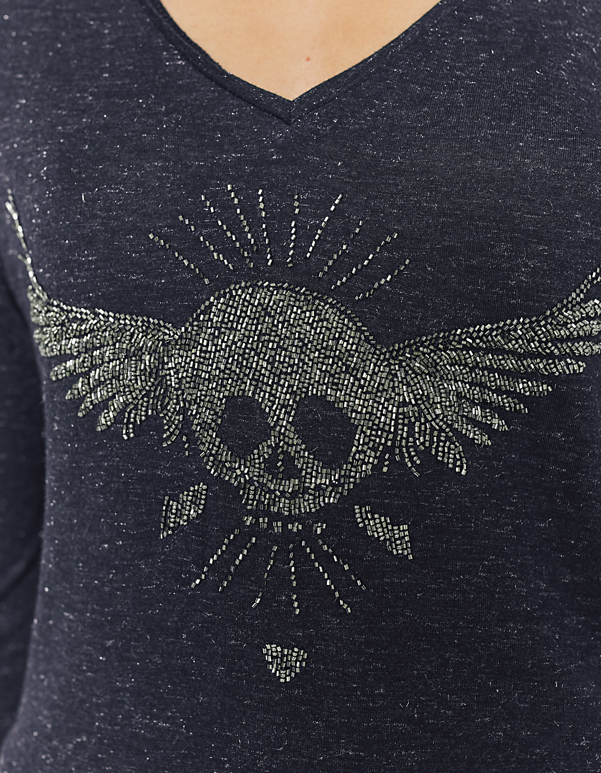 Tee shirt bleu marine t te de mort en perles bijoux femme