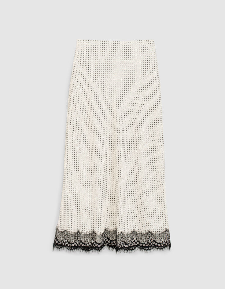 Jupe longue &eacute;crue satin&eacute;e motif pois et dentelle Femme-6