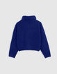 Pull bleu col roulé tricot à torsades fille-3