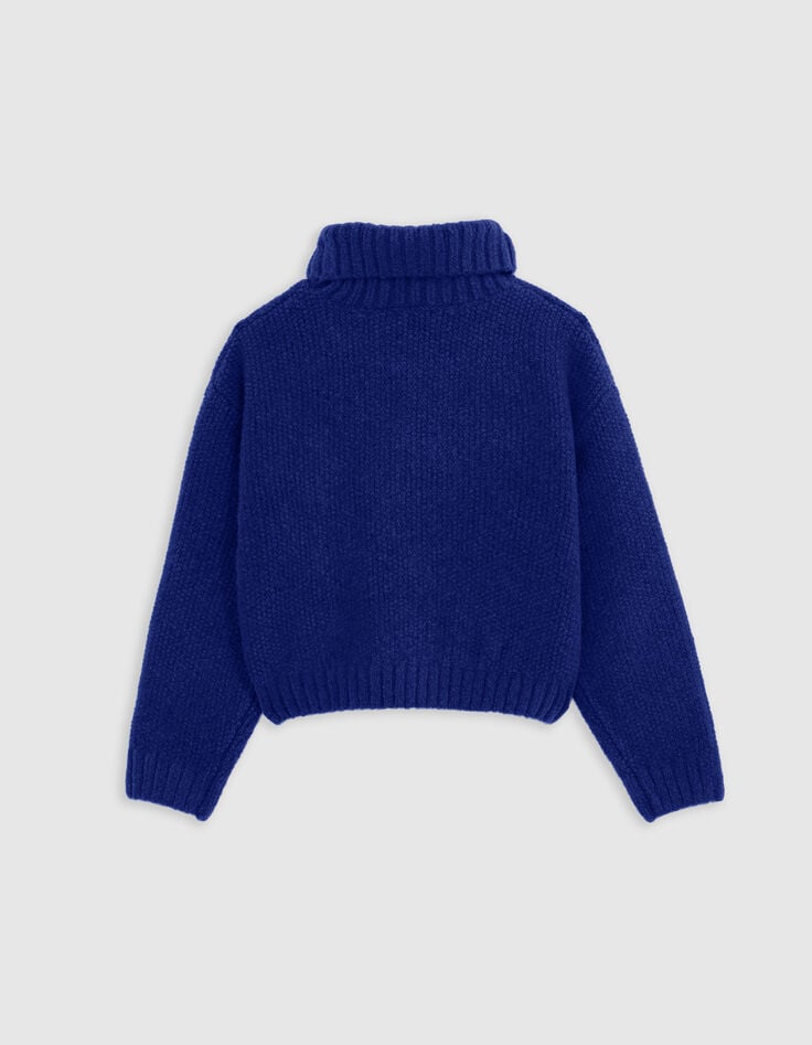 Pull bleu col roulé tricot à torsades fille-3