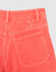 Short en jean rouge upcyclé poches plaquées fille-5