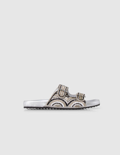 Mules silver cuir m&eacute;tallis&eacute; broderies perles Femme - IKKS